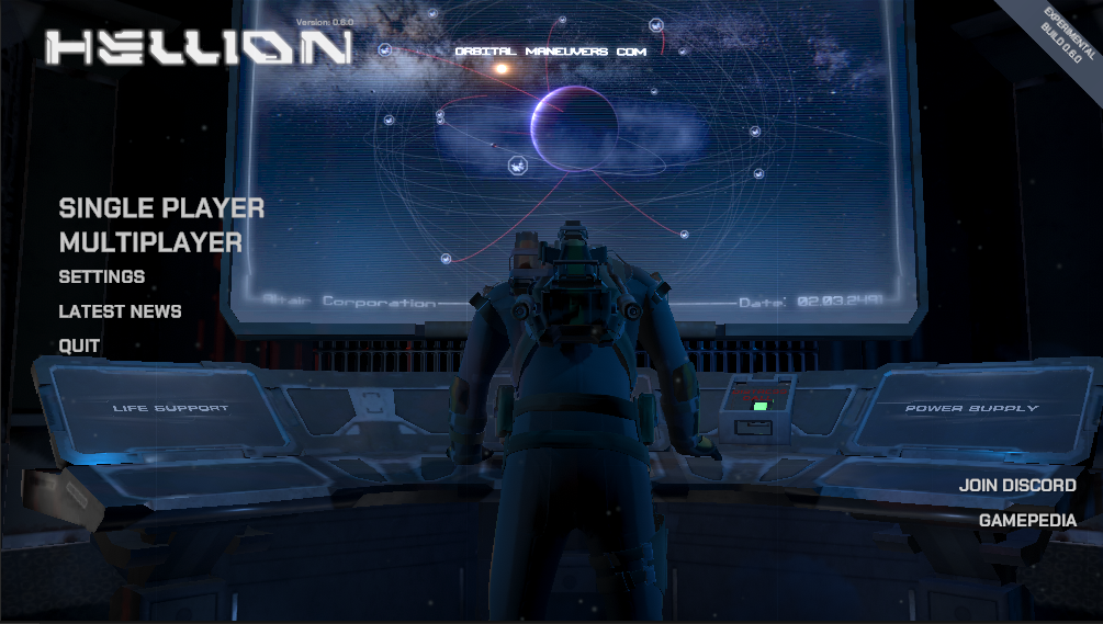 A photo showing the main menu. There are buttons on the left: Single Player, Multiplayer, Settings, Latest News, Quit.  In the bottom left corner there are two buttons: Join Discord, Gamepedia. In the top left there is a large logo with the text: HELLION.